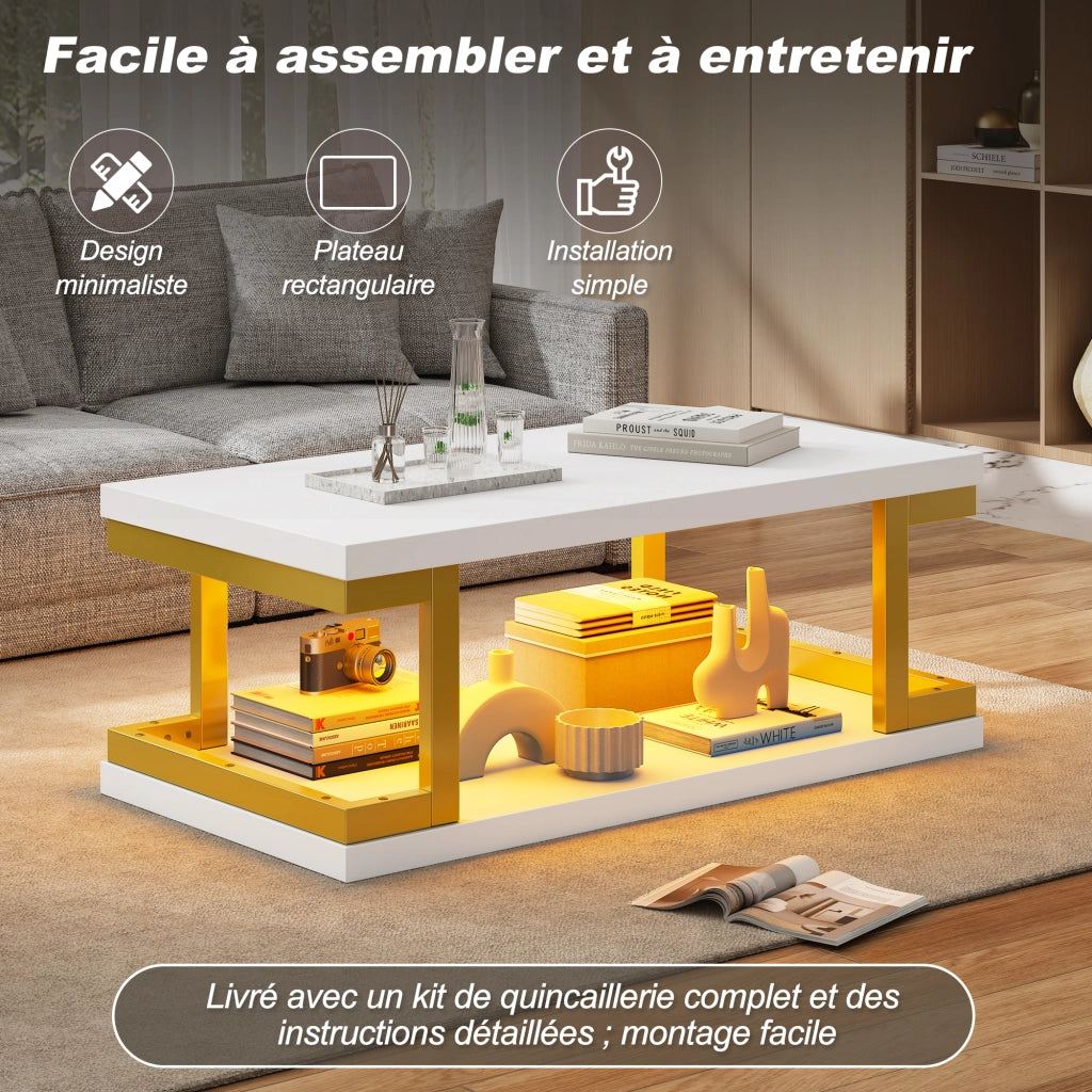 Tavolino da salotto rettangolare con LED; ripiano aperto e portata 50 kg per soggiorno 100 × 50 × 37;5 cm