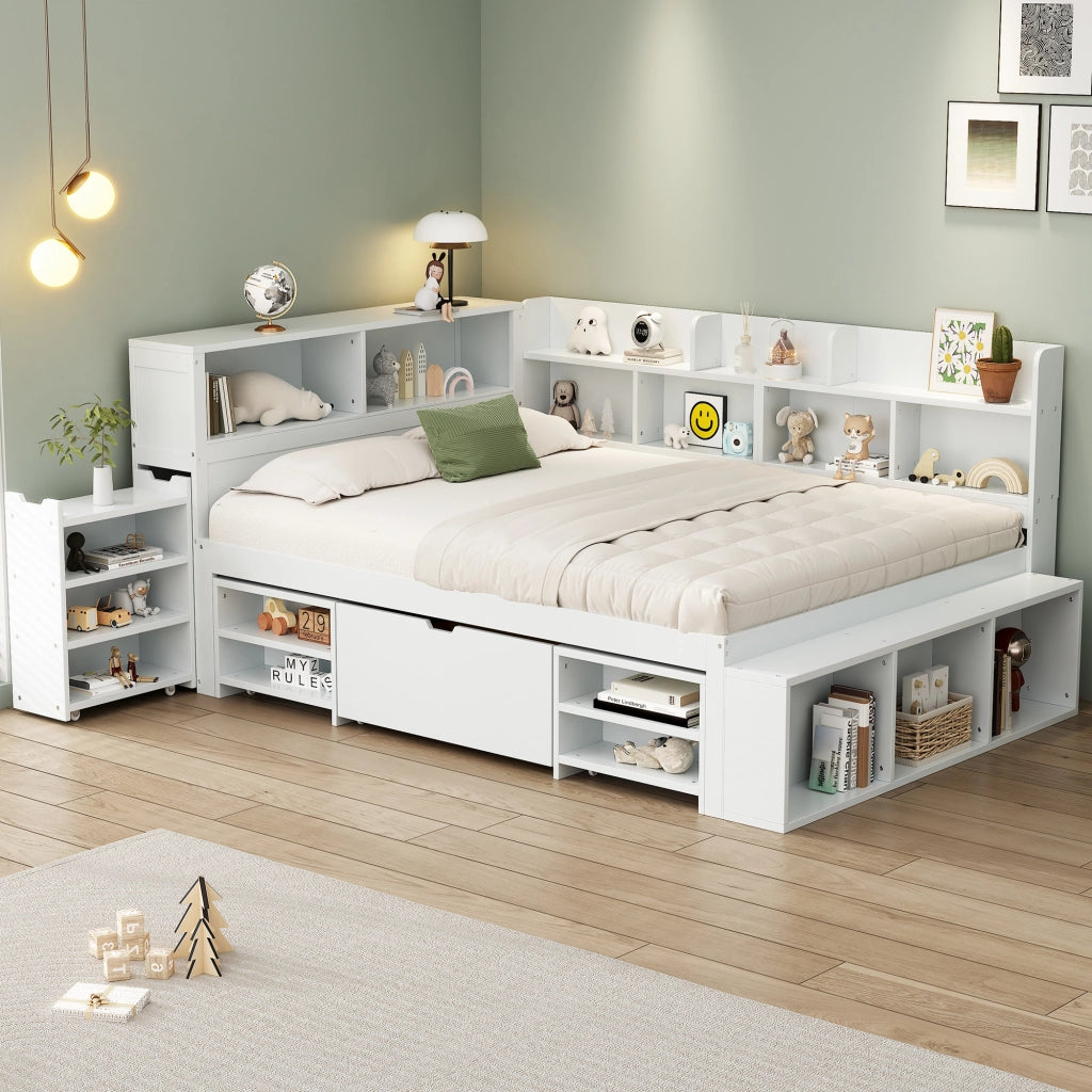 OKWISH Letto Bambini 140×200 cm, Letto Singolo con 1 Cassetto, Libreria e Armadietti, senza Materasso, in Multistrato, Bianco