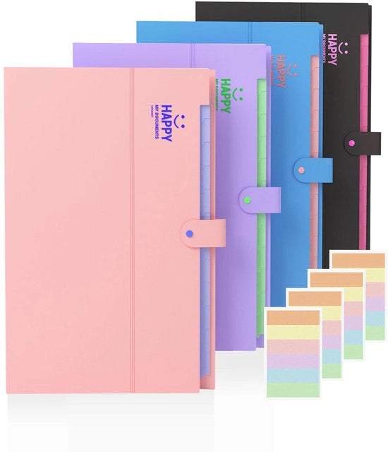 Pacco di 4 cartelle A4 pieghevoli, organizzatore di documenti pieghevole con 12 compartimenti, cartella con chiusura a cerniera e etichette per organizzatore di cartelle, sistema di archiviazione per ufficio, casa, scuola