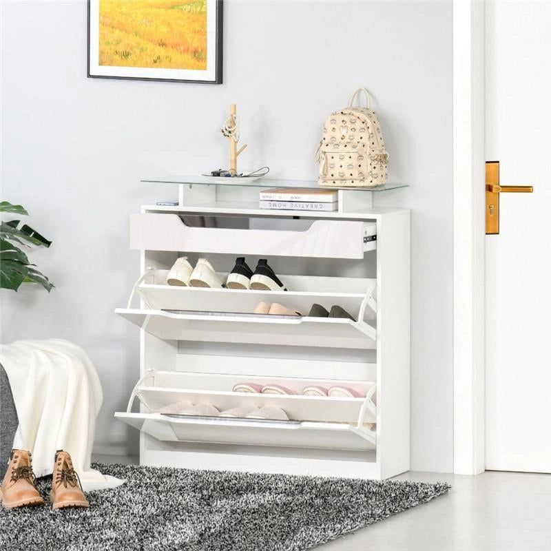 SCARPIERA MODERNA, 2 CASSETTI PER 16 SCARPE CON MENSOLA REGOLABILE E RIPIANO IN VETRO, 89X23X96CM, BIANCO LUCIDO