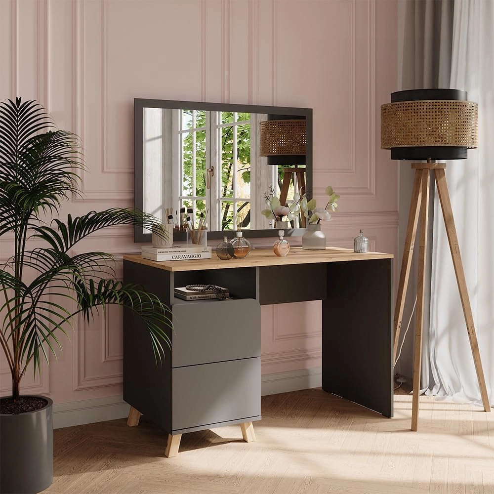 Tavolo da toilette Karen, Antracite/Artisan, 110 cm con cassetti, Materiali robusti per un utilizzo duraturo