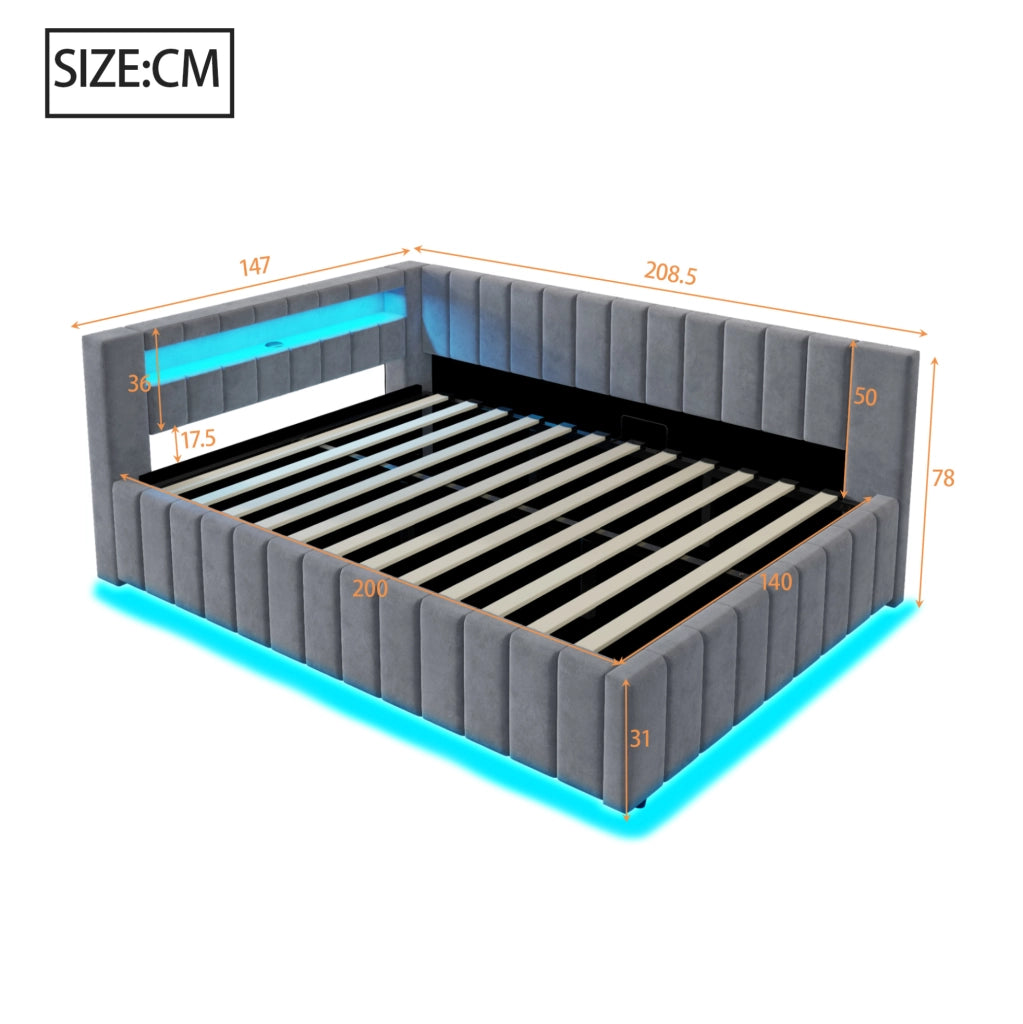 Letto imbottito 140x200 cm; contenitore idraulico con LED e USB; velluto grigio (Senza materasso)