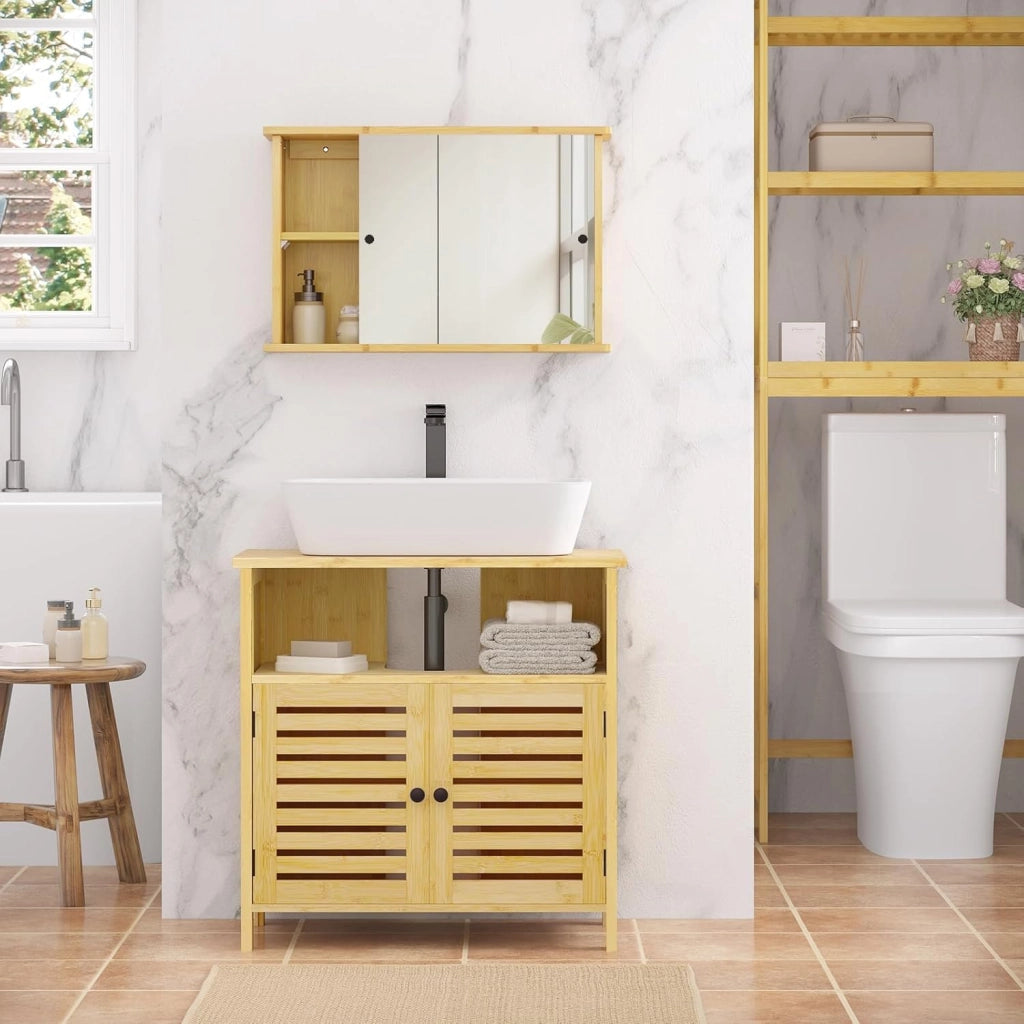 Mobile da Bagno Sotto lavabo, Mobile da Bagno in Bambù con 2 Porte Griglia Magnetiche e 1 Scomparto Aperto, con Ripiano Regolabile, 60x30x60cm