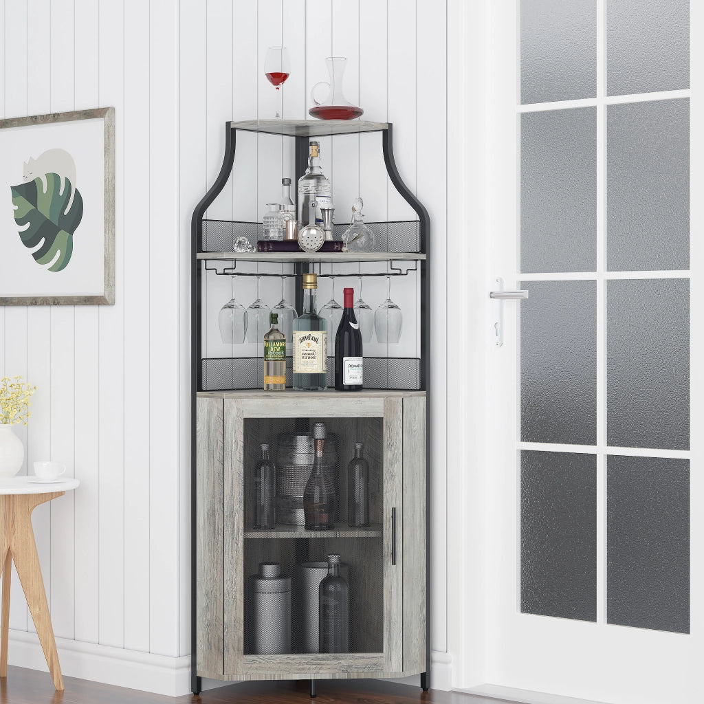 Mobile Bar Angolare Portabottiglie Grigio in Metallo e MDF, 154cm