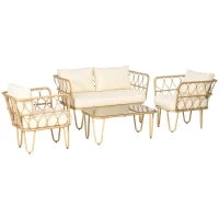 Set salotto da giardino divano 2 posti + 2 poltrone + 1 tavolino piano vetro temperato 7 cuscini crema