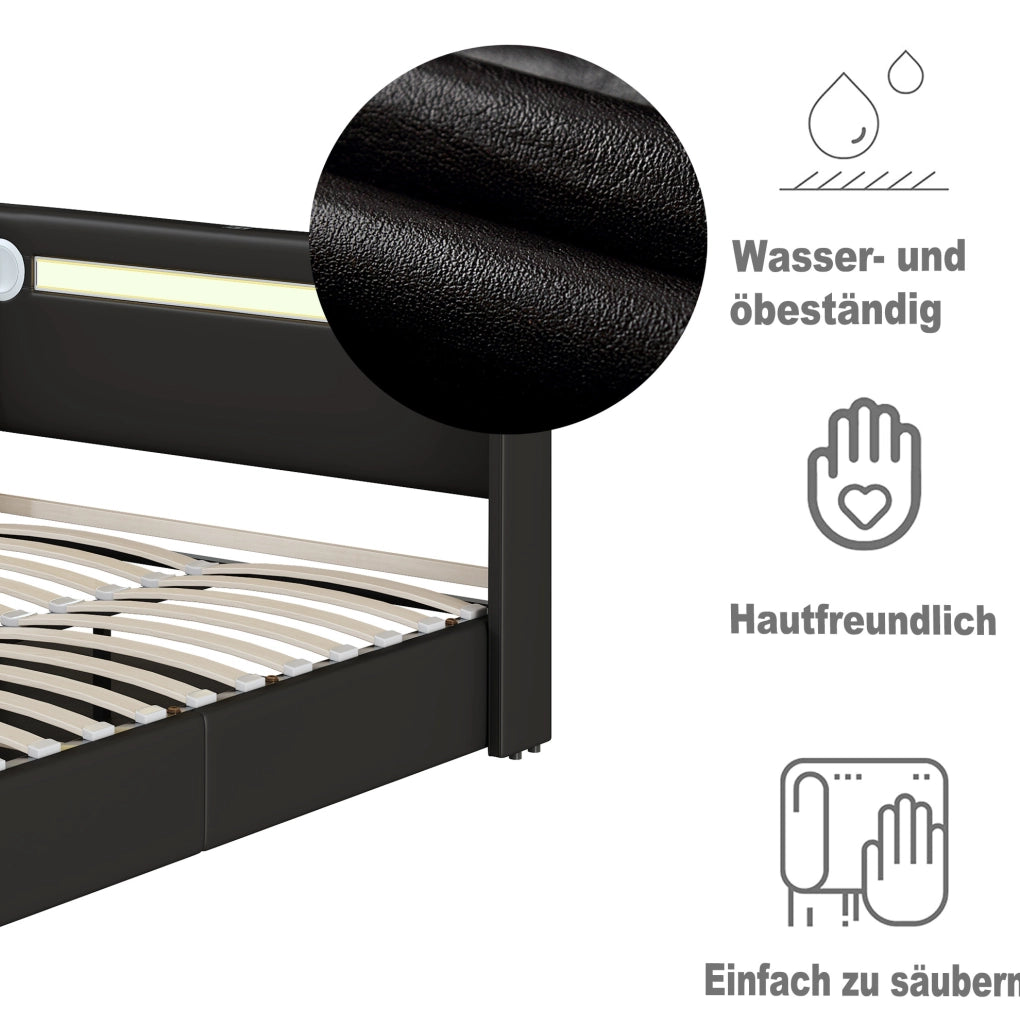 Letto per bambini contenitore 90x200 in PU nero con LED; Bluetooth e 2 porte USB