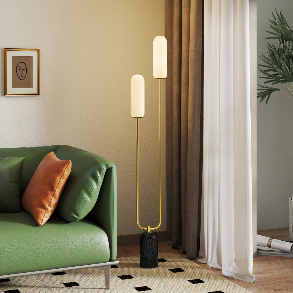 Lampada da terra ¨C Minimal ¨C base in marmo, 2 paralumi in vetro, interruttore a pedale, bianco