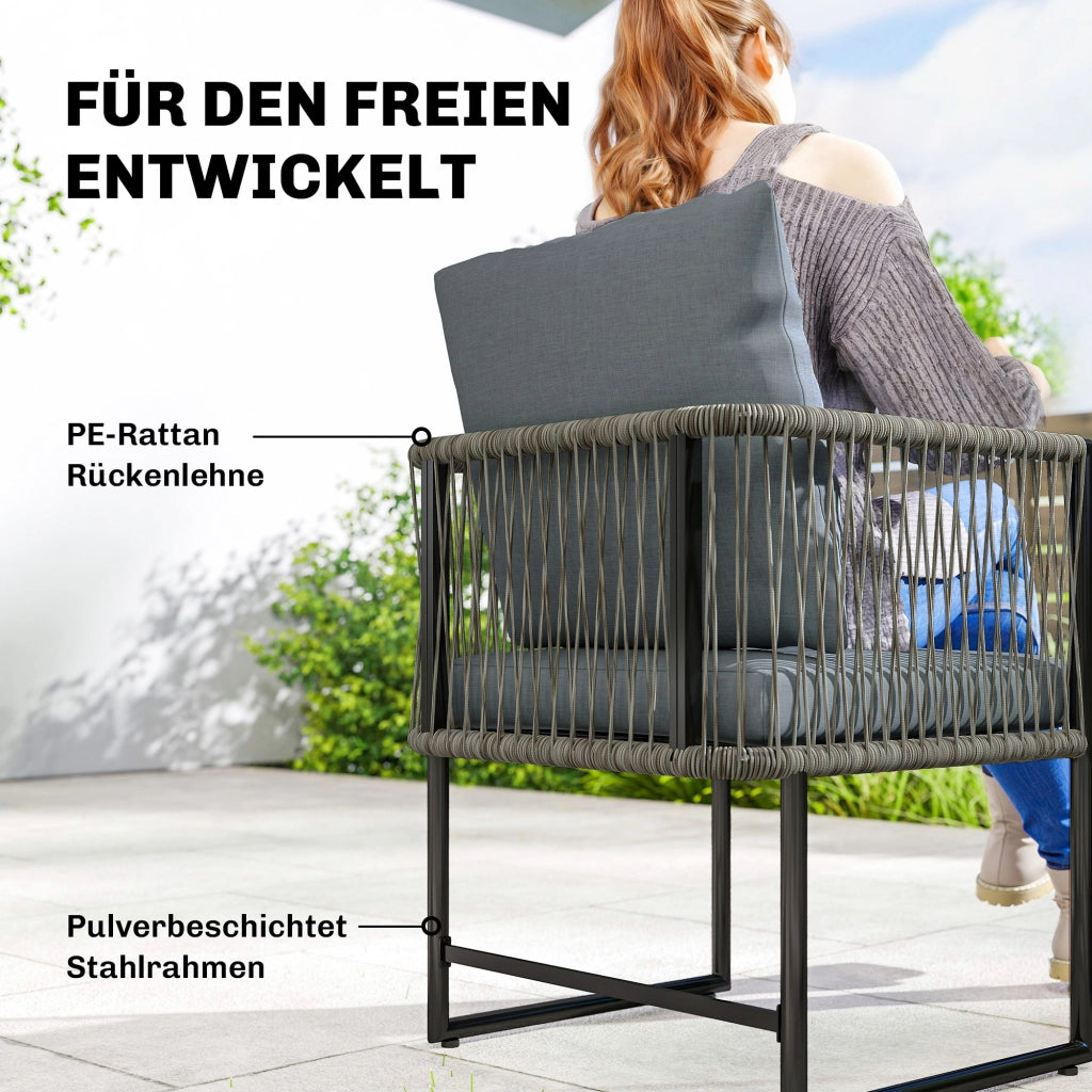 Set di 2 sedie da giardino in acciaio PE e rattan con cuscini; braccioli; 52x52x66 cm; Grigio scuro