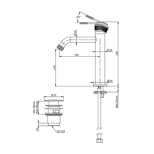Miscelatore lavabo, altezza media, senza foro sul corpo, con scarico click-clack e troppopieno - serie Atelier