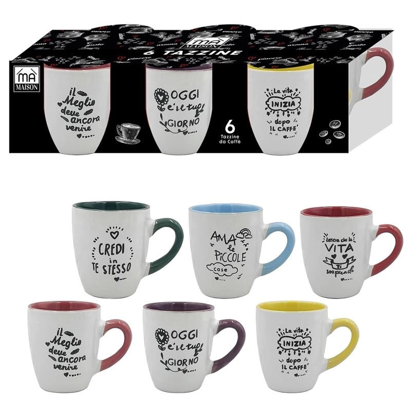 MA MAISON SET 6 TAZZINE DA CAFFÈ FANTASIA MULTICOLOR CON SCRITTA SIMPATICA