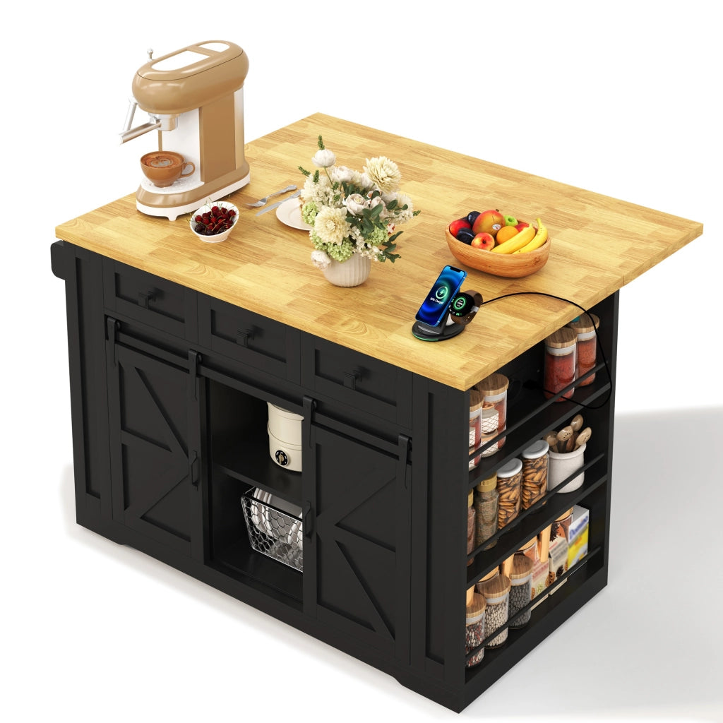 Carrello da cucina con piano pieghevole, 3 cassetti, prese integrate e ripiani, per cucina, 130 × 50 × 87 cm