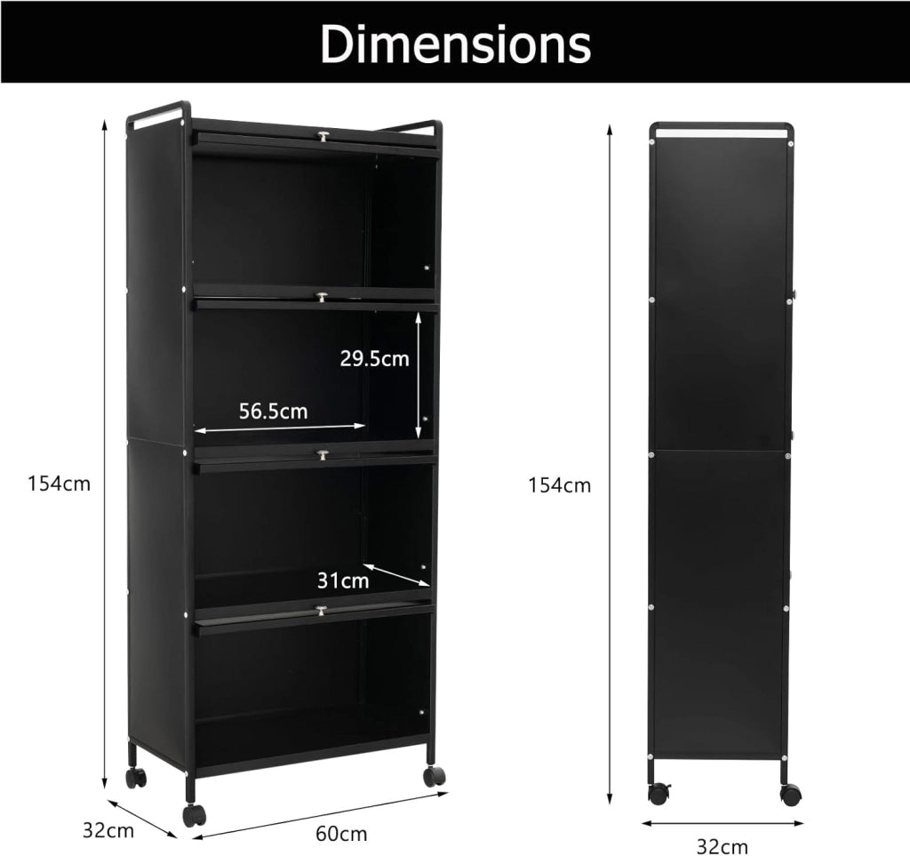 Mobile Dispensa Cucina a 5 Livelli, Mensola Microonde con Anta a Vista, Ruote, Dispositivo Antiribaltamento, Scaffale da Cucina in Ferro per Soggiorno, Sala da Pranzo, 60x32x154cm (Nero)