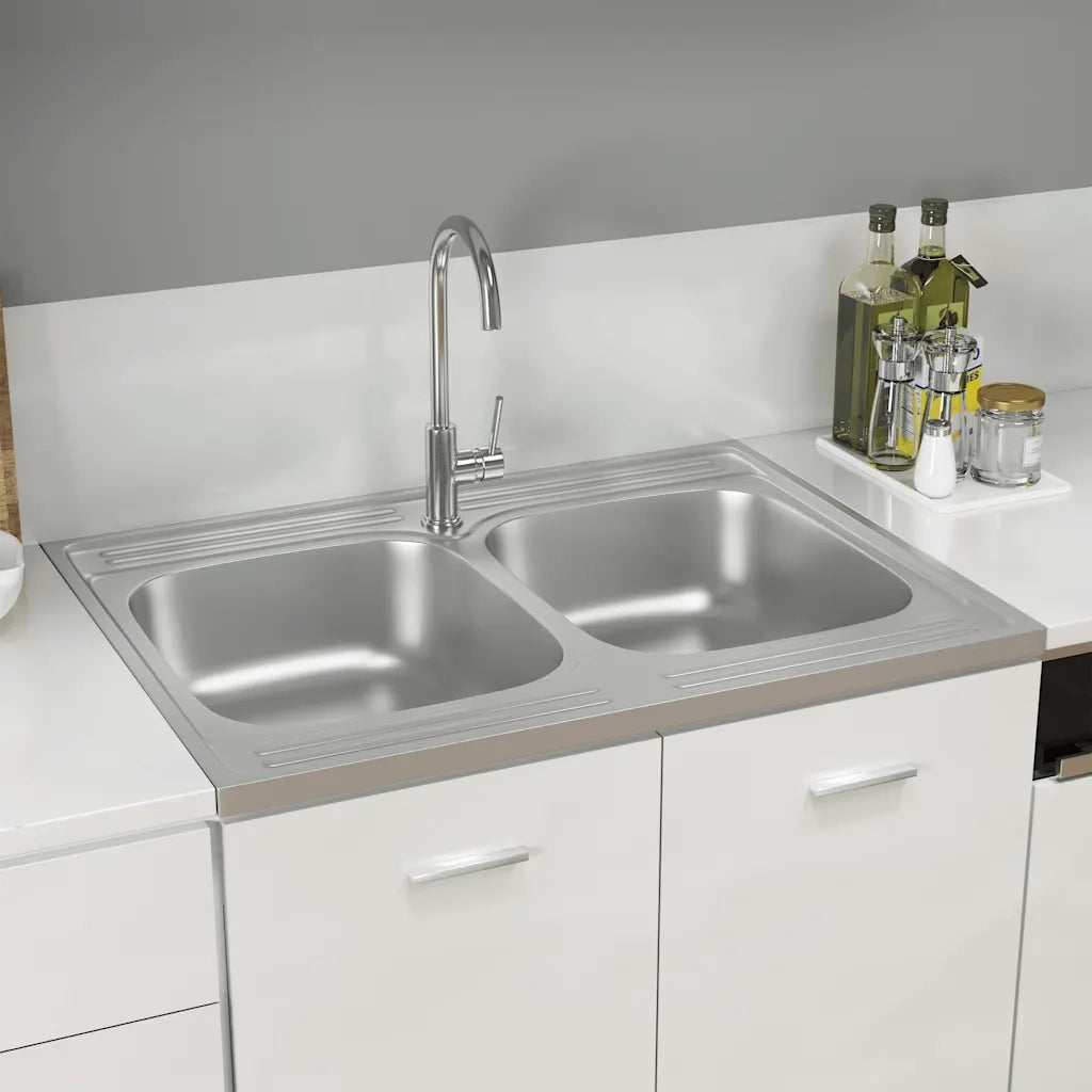 Lavello Cucina Doppia Vasca-Lavandino-Lavabo 800x600x155 mm Argento Acciaio Inox