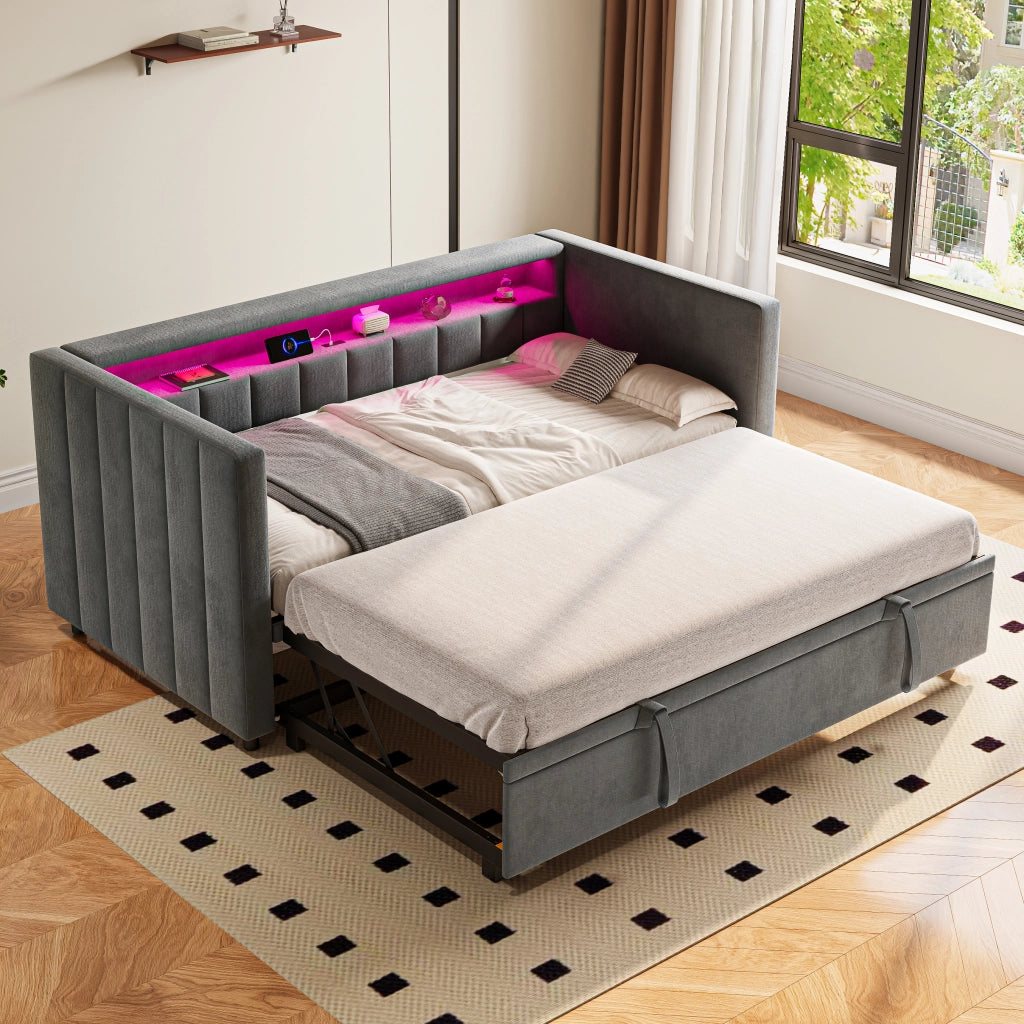 Letto divano estraibile 90 × 190 cm con LED regolabile, USB Type-C e contenitore, senza materasso, velluto grigio scuro