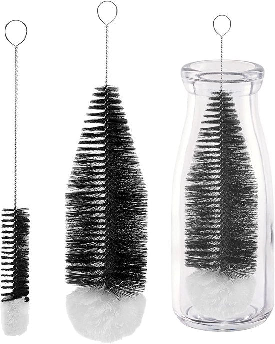 Set di spazzole per bottiglie in vetro - 2 pezzi di spazzola di pulizia universale - per bottiglie in vetro, bottiglie di soda, bottiglie per bambini, bottiglie per bere (nero e bianco)