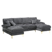 Divano Angolare a U con Doppia Chaise Longue e 6 Cuscini; in Ciniglia Grigio; 272 × 136 × 88 cm