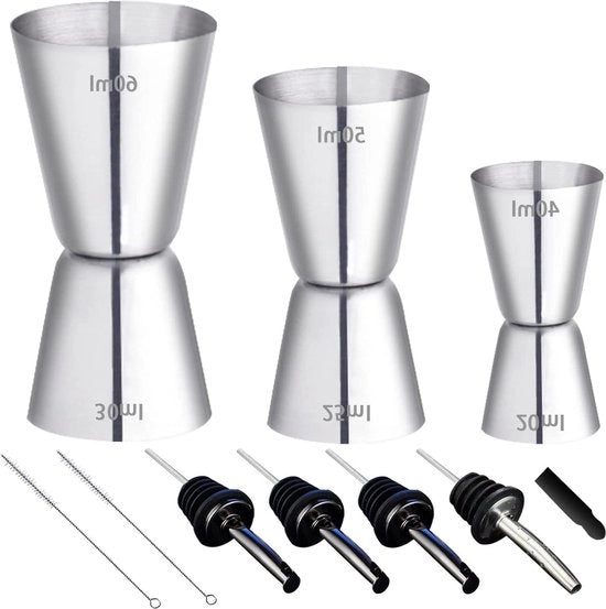 Set di Cucchiaini di Acciaio Inossidabile per Cocktail 4cl 5cl 6cl - Doppio Jigger per Gin - 4 Beccucci per Versare 2 Pennelli