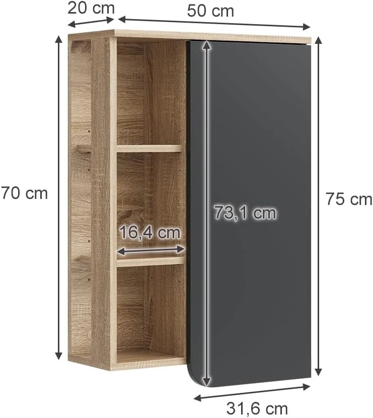 Mobile bagno Karen, Sonoma/antracite, 50 x 75 cm con porta e vani aperti, per montaggio a parete con vani a giorno e vani chiusi