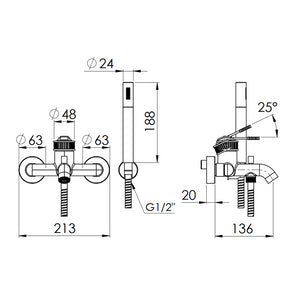 Miscelatore vasca esterno con flessibile cm 150 e doccetta a 1 funzione - serie Atelier
