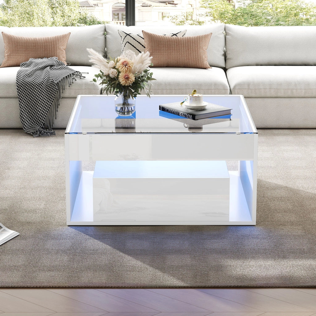 Tavolino da caff¨¨ 70 x 70 x 35 cm in MDF bianco con piano in vetro temperato, 2 cassetti, LED e portata 60 kg