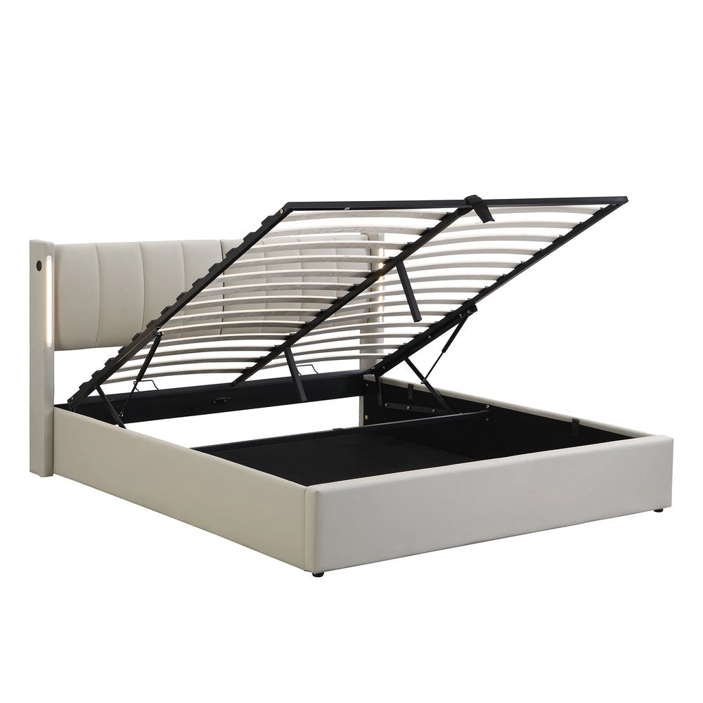 Letto Imbottito LED Contenitore Idraulico ¨C MINIMAL ¨C Grigio 140x190, Testiera Regolabile, USB