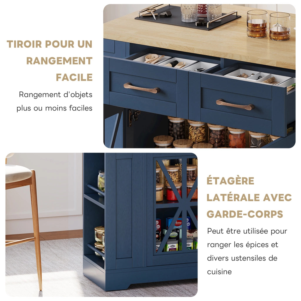 Carrello Da Cucina con 2 Ante in Vetro; 1 Cassetto; 6 Ripiani Aperti; Piano Pieghevole e Porte USB con Ruote; in MDF; 120 x 40 x 92 cm; Blu e Naturale