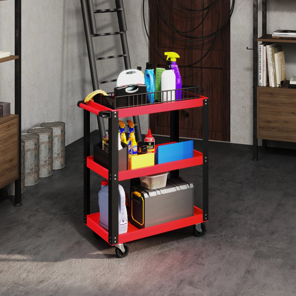 Carrello da lavoro a 3 livelli con rotelle bloccabili ¨C zephmum ¨C rosso 70.5x35x82.5 cm