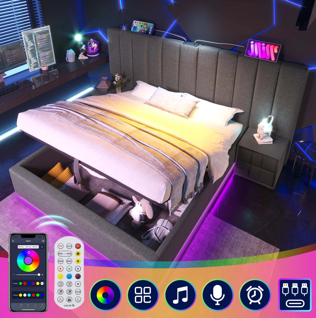 Letto matrimoniale 160x200 cm con contenitore; LED 360掳; ricarica USB e Type-C; grigio in lino