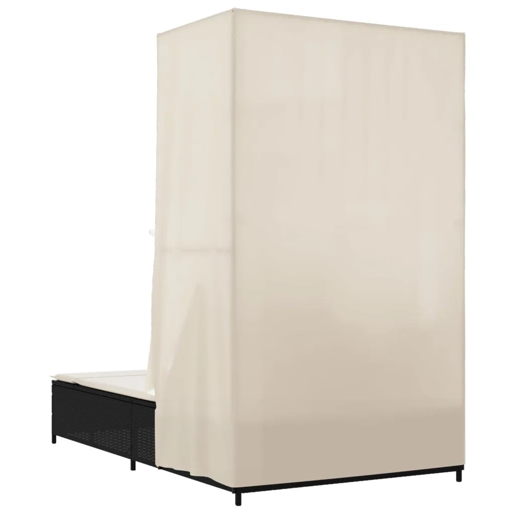 Lettino Prendisole con Tetto e Tende Nero in Polyrattan 368099