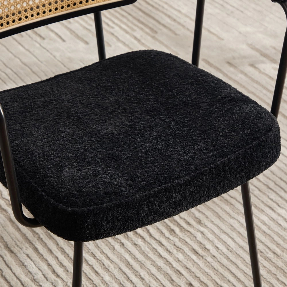 Sedia da Pranzo con Braccioli ¨C MINIMAL ¨C Set 2, Velluto Chenille, Gambe Metallo, Schienale Legno Massello, Effetto Rattan, Nero