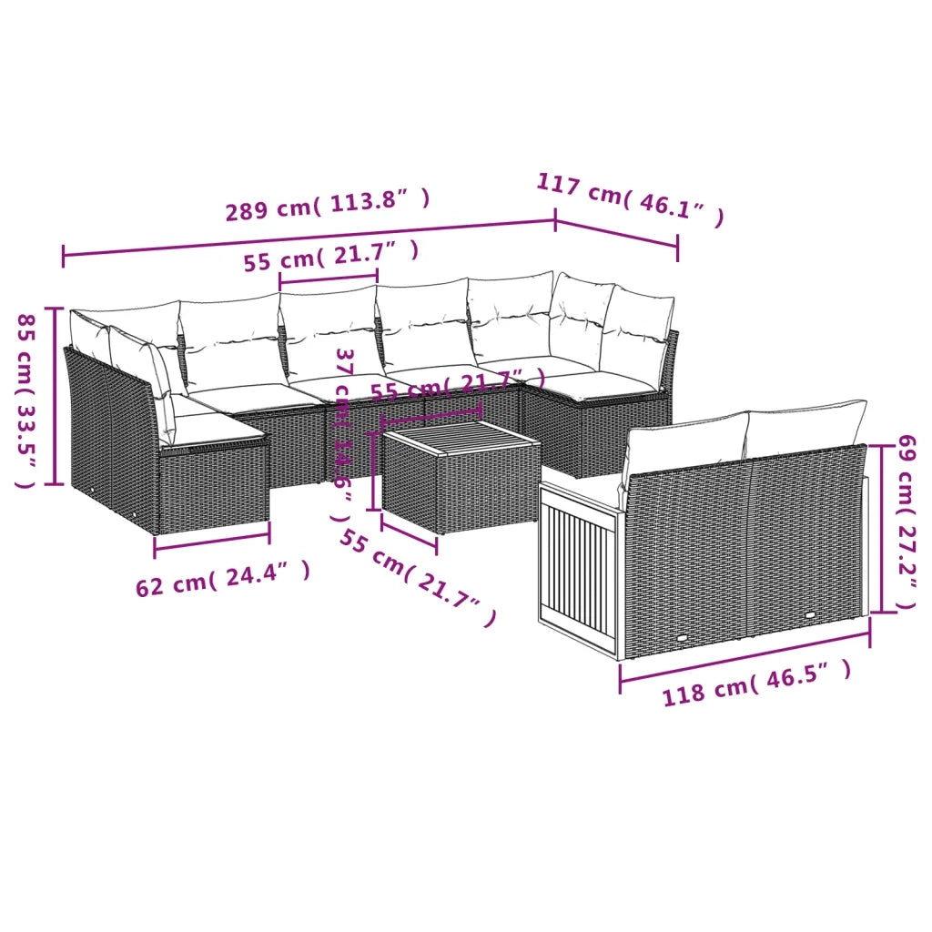 Set Divani da Giardino 10pz con Cuscini in Polyrattan Nero 3227974