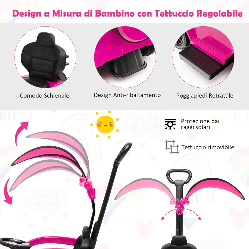 Auto a Spinta per Bambini, Macchina Cavalcabile a Spinta con Tettuccio Regolabile Maniglia per Genitori Paracolpi, Ideale per Bambini 12-36 Mesi (Rosa)