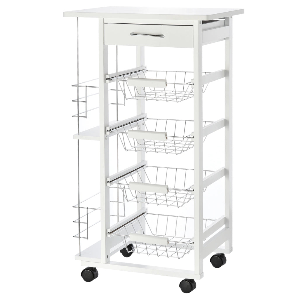 Carrello da Cucina Salvaspazio in Legno Bianco, Portavivande con 1 Piano di Lavoro 1 Cassetto e 4 Cestelli Metallici, 47x37x83cm