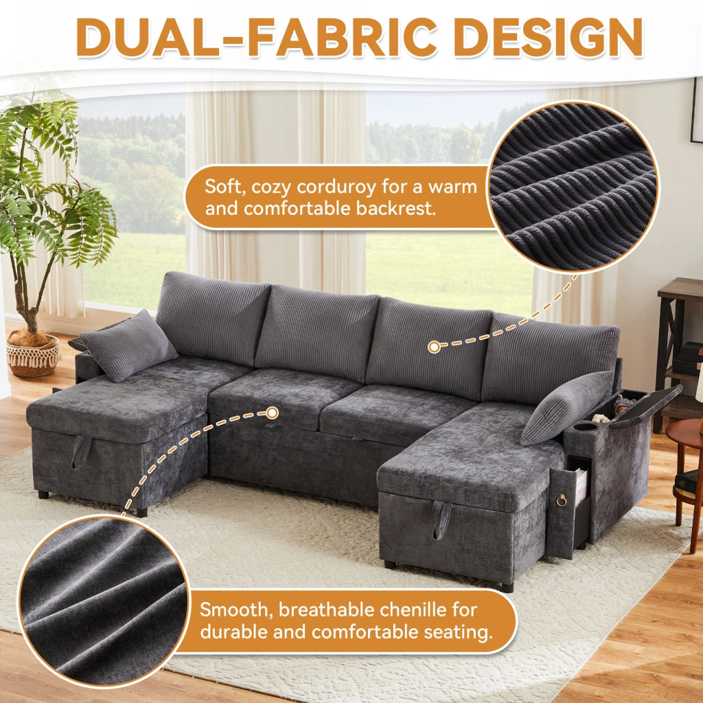 Divano a U convertibile con contenitore e portabicchieri, in ciniglia e velluto a coste grigio 272 × 131 × 84 cm