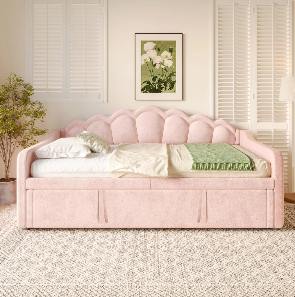 Letto singolo estraibile 90x200 cm con LED multicolore in velluto rosa