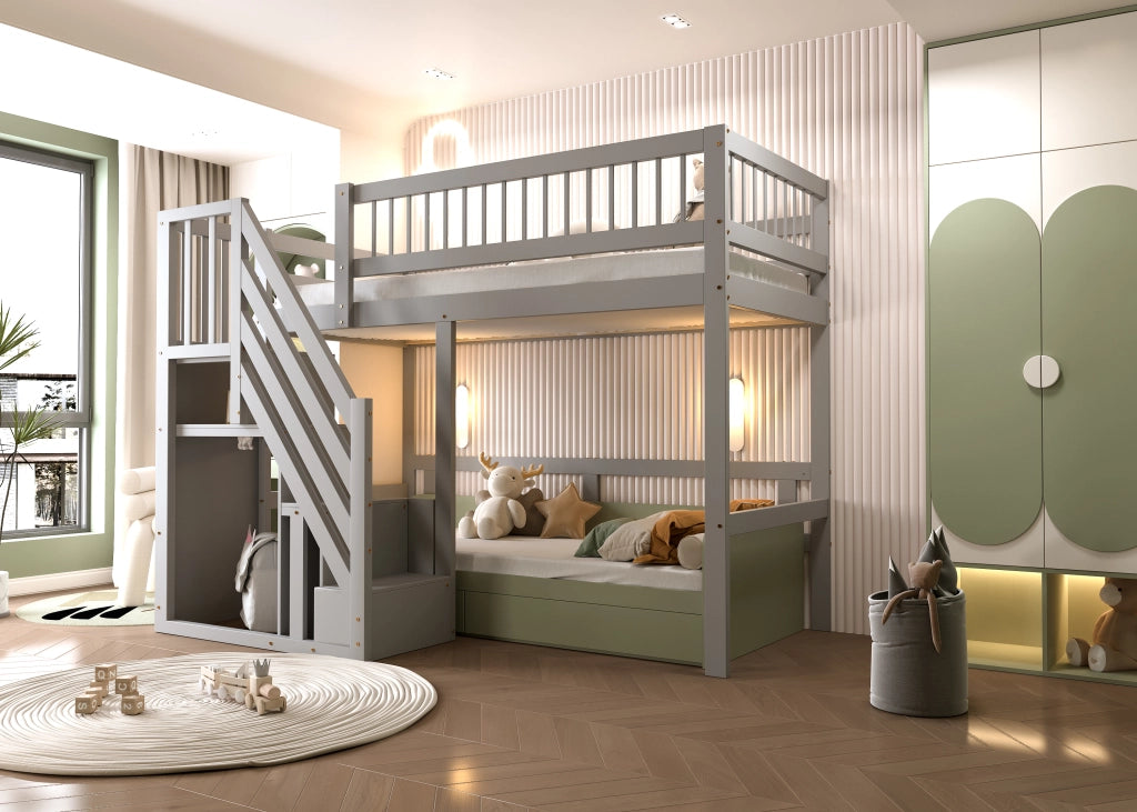 Letto a soppalco singolo 90 × 200 cm con scala contenitore in legno grigio per bambini e ragazzi