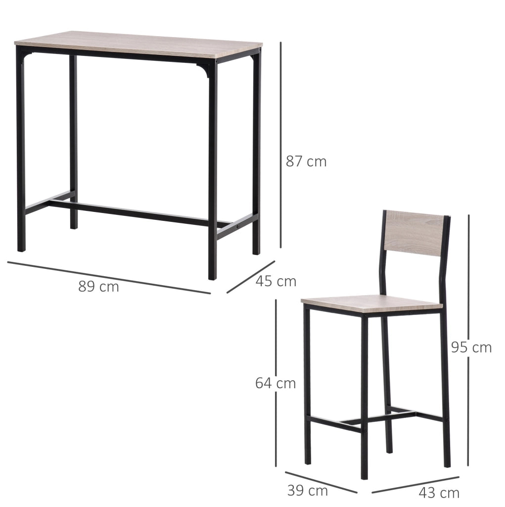 Set bar con tavolo e 2 sedie in MDF naturale e nero, 89x45x87 cm, per cucina e sala da pranzo