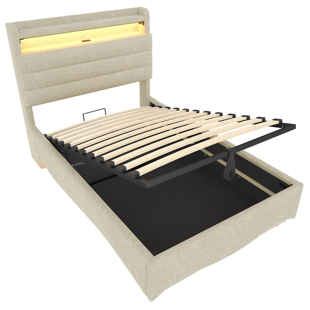 Letto Imbottito con Contenitore ¨C MINIMAL ¨C Tessuto Beige, LED, Idraulico, USB, 90x200