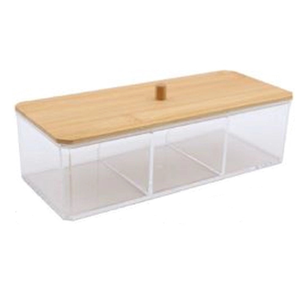 Trade Shop - Contenitore Organizer Per Cosmetici A 3 Scomparti Trasparente Con Coperchio In Legno 10827 -