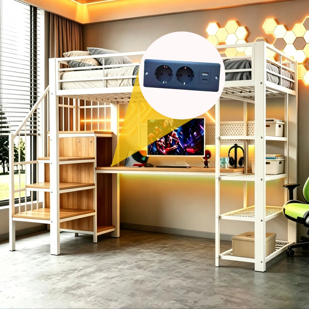 Letto a soppalco multifunzione 90x200 cm con scala contenitore; LED e prese; bianco