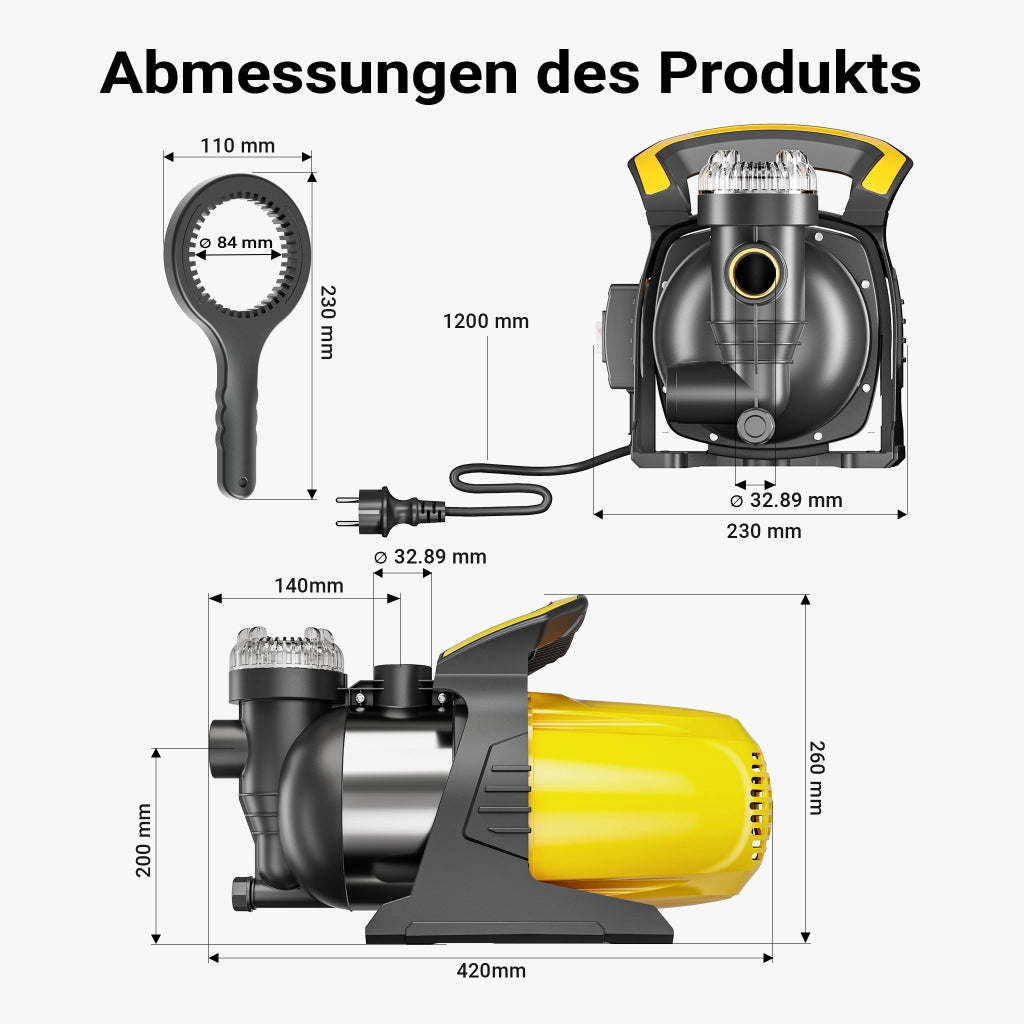 Pompa da giardino 1200 W alloggiamento in acciaio inox, 3800 l/h, con prefiltro e maniglia di trasporto, altezza di mandata 48 m, profondità 8 m, 2850 rpm, per laghetti, cisterne, autoclavi