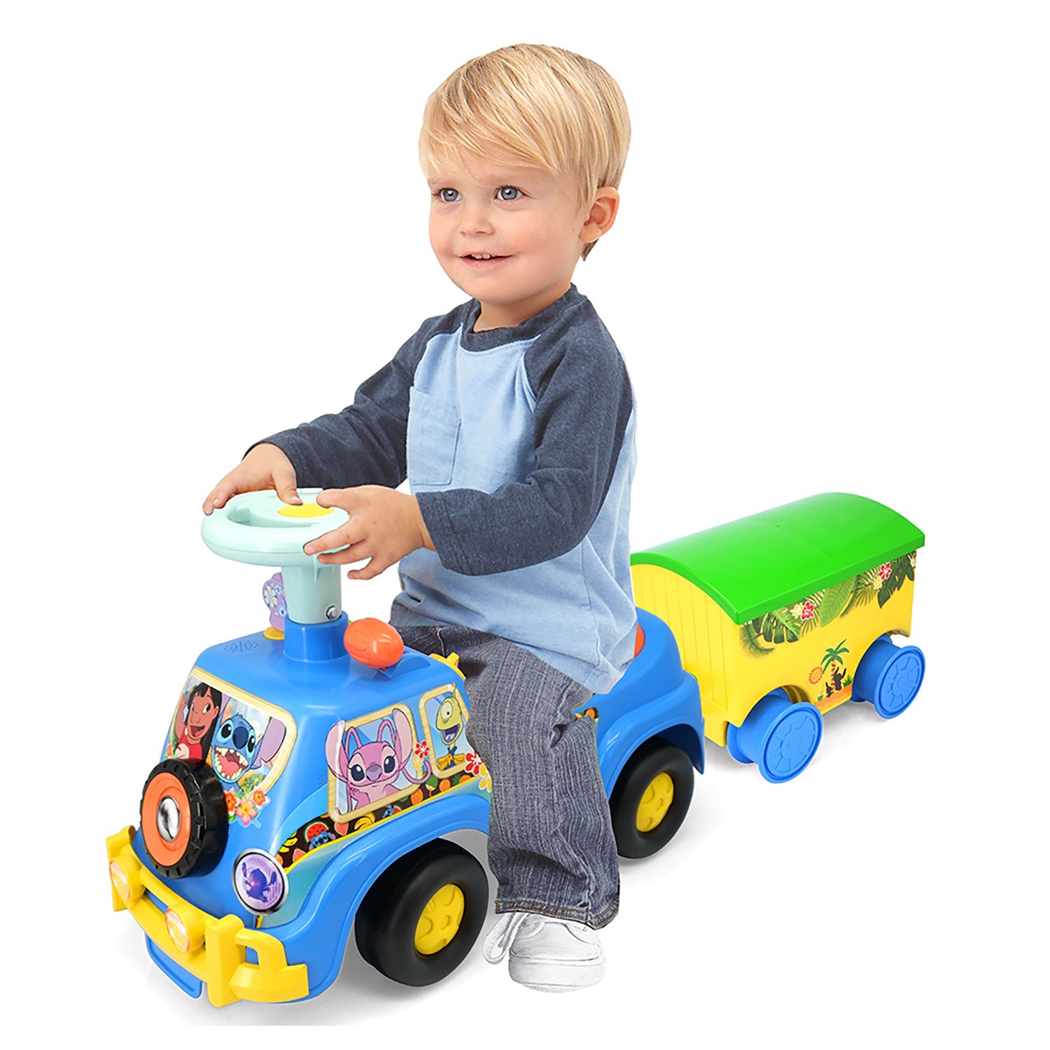 Camioncino con Rimorchio per Bambini Ride-On Disney Stitch e Accessori da Spiaggia Azzurro