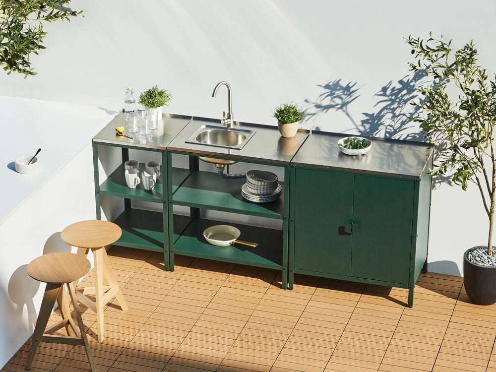 Set cucina da esterno 3 elementi in acciaio inox nero 2 armadietti portaoggetti e lavello leva cucino da esterno