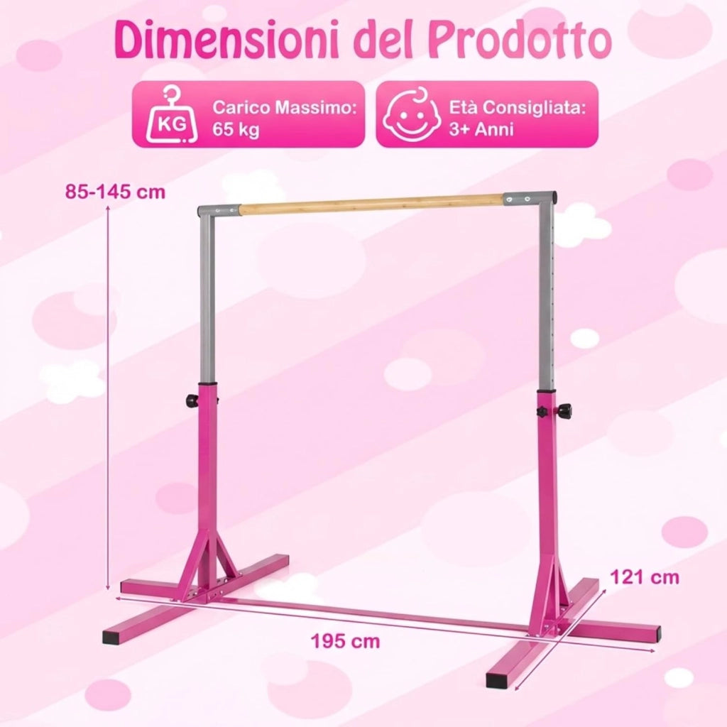 Sbarra per Ginnastica e Danza per Bambini e Bambine, Barra Ginnastica in Metallo e bambù Portatile e Regolabile in Altezza con Cuscinetti Antiscivolo, 195 x 121 x 85-145 cm