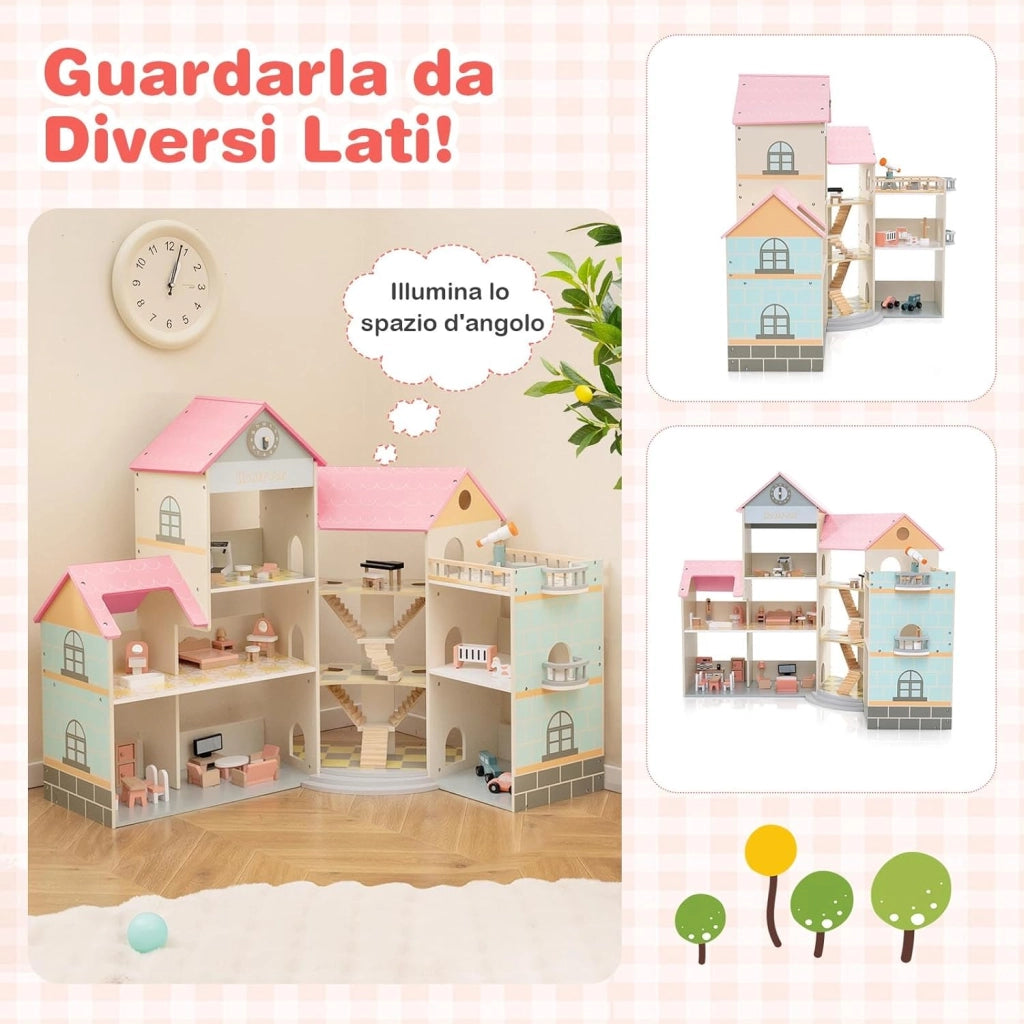 Casa delle Bambole in Legno, Casetta delle Bambole a 3 Piani con 41 Mobili e Accessori, Giocattolo per Bambini 3+ Anni,107 x 82,5 x 94,5 cm (Rosa)