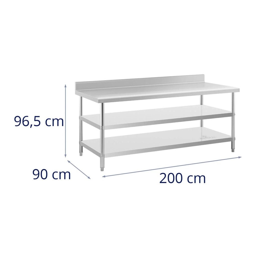 Tavolo da lavoro in acciaio inox con alzatina - 200 x 90 x 16,5 cm - 240 kg - 2 ripiani 14_0007309