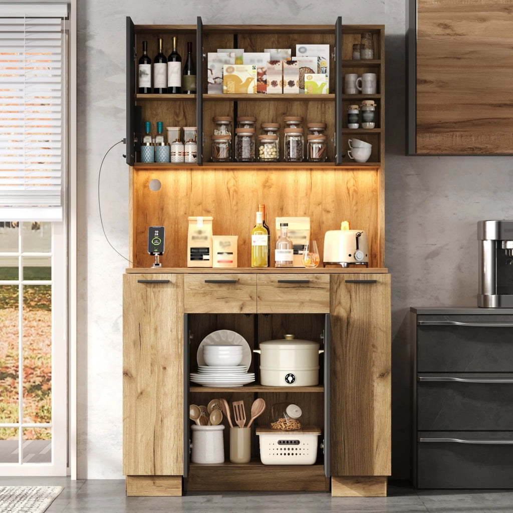 Dispensa alta con LED e presa, 4 vani aperti e ripiani regolabili per cucina, in MDF nero naturale, 100 × 40 × 180 cm