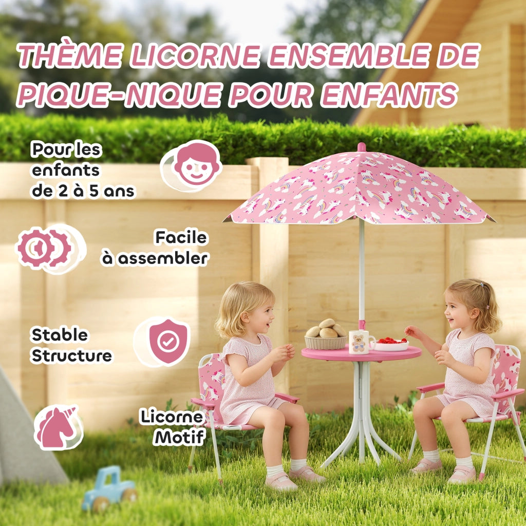 Set giardino bambini con tavolo e 2 sedie pieghevoli e parasole ¨C zephmum ¨C motivo jungle, rosa, ?100 cm