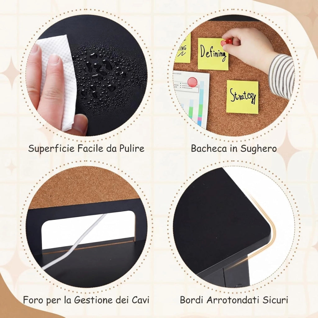 Set Scrivania e Sedia per Bambini, Tavolo per Studenti in Legno con Bacheca in Sughero, Cassetto, Pensile con Ripiani Aperti, Postazione Computer per Bambini per Studio e Lettura (Nero)