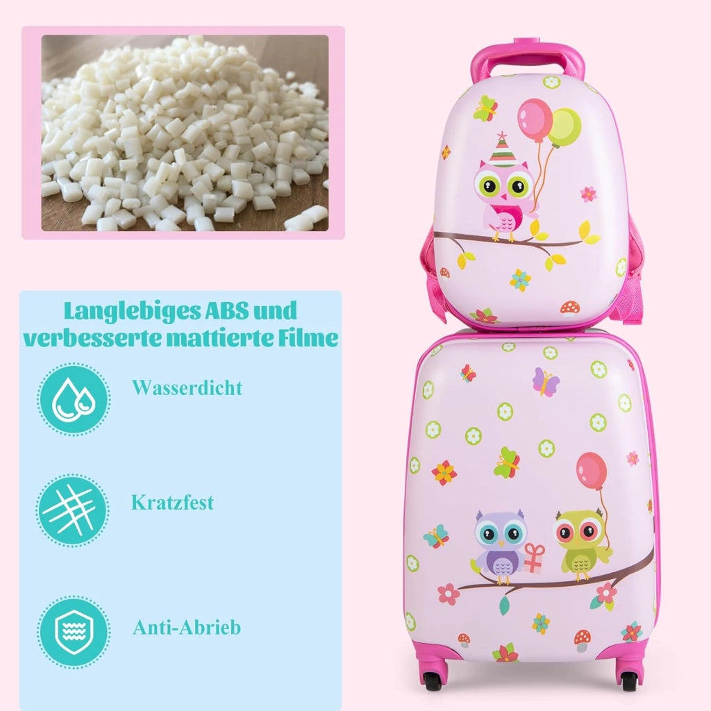 Set di Valigia 16’’ + Zaino 12’’ per Bambini 2 Pezzi, Bagagli 2-in-1 con Zainetto da Viaggio Aereo, Trolley con Maniglia Telescopica e 4 Ruote a 360° (Rosa Gufo)